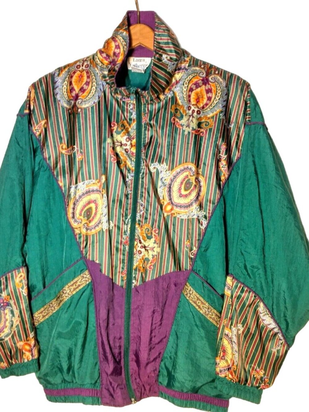 Laura Katherine Windbreaker Jacket Small Nylon Green Paisley Vintage 90s Retro